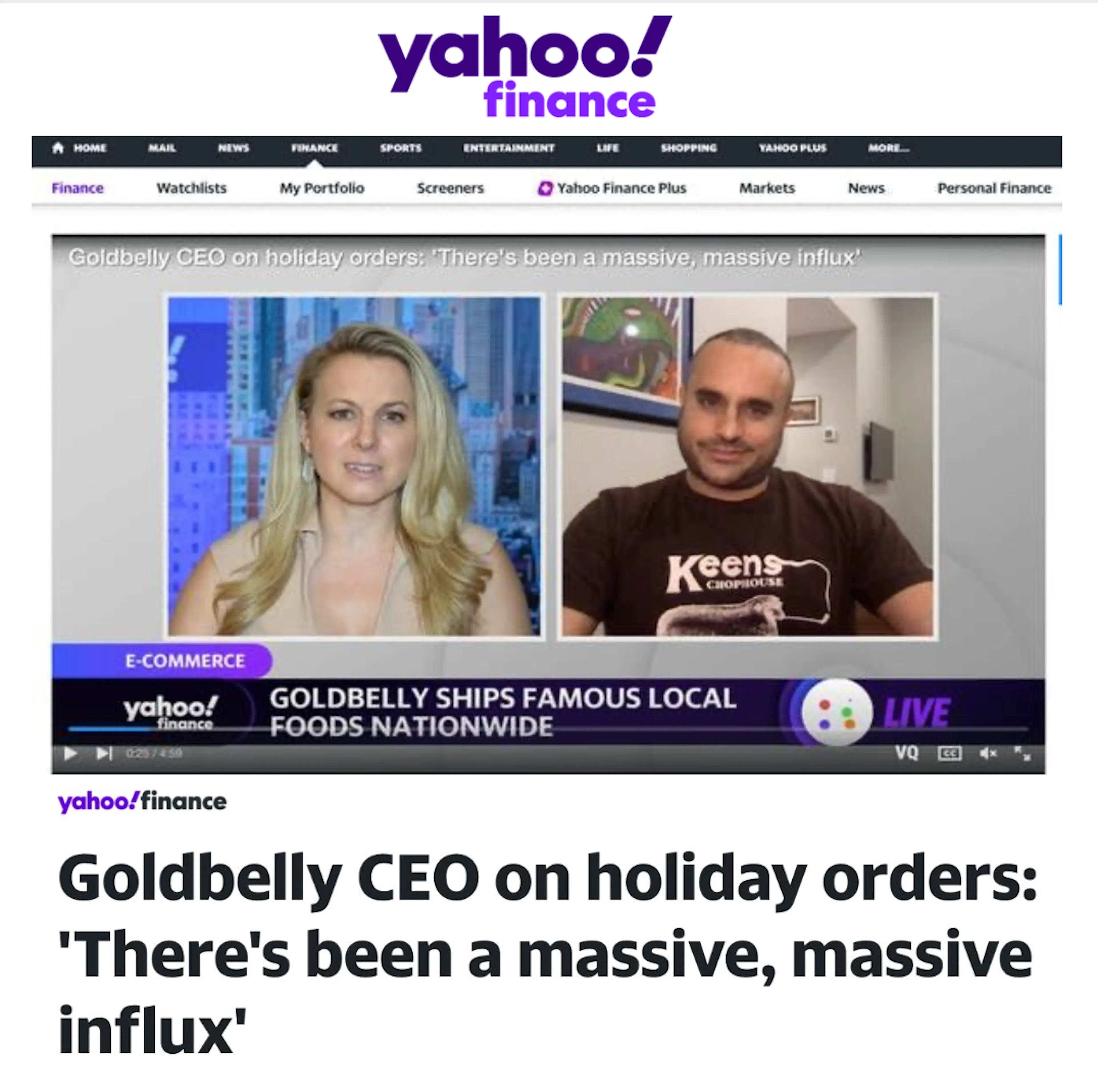 Goldbelly CEO Joe Ariel on Yahoo! Finance  article thumbnail