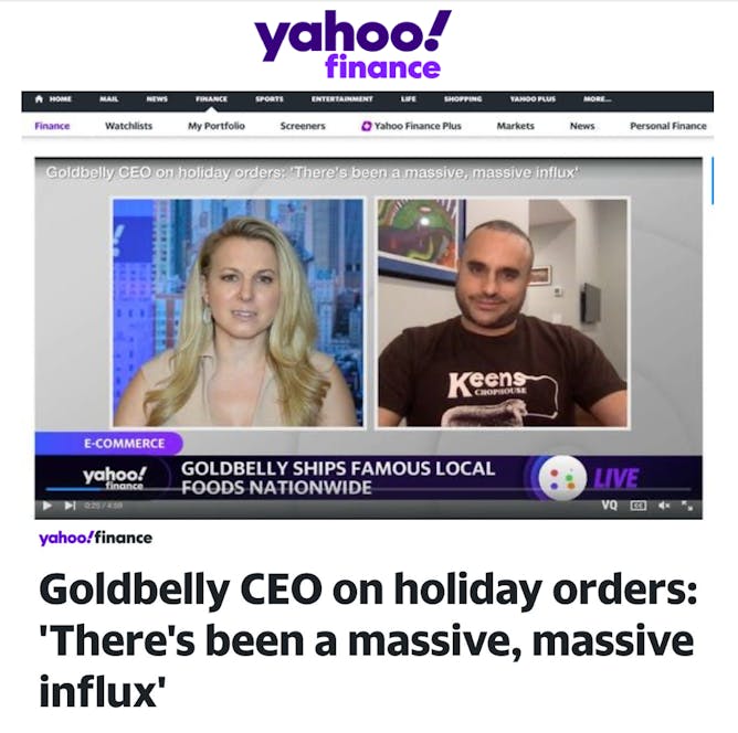 Goldbelly CEO Joe Ariel on Yahoo! Finance  article thumbnail