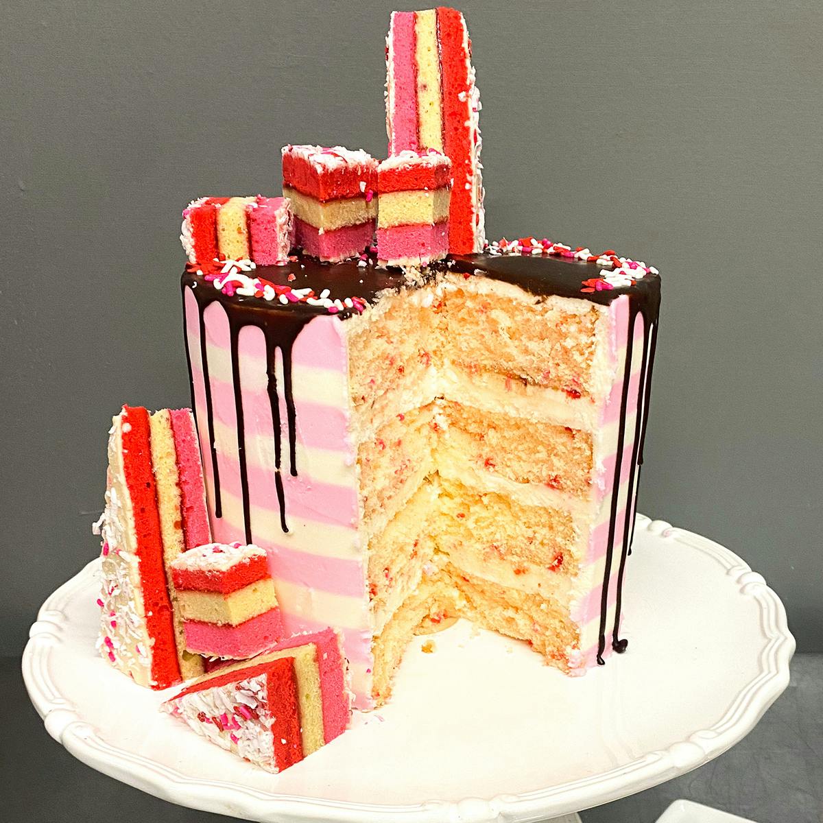 Love Collection Seven Layer Striped Chocolate Drip Cake by