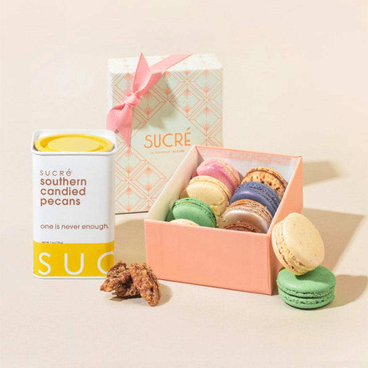 Signature Macarons + Candied Pecans - 8 Pieces + 1 Tin by Sucré
