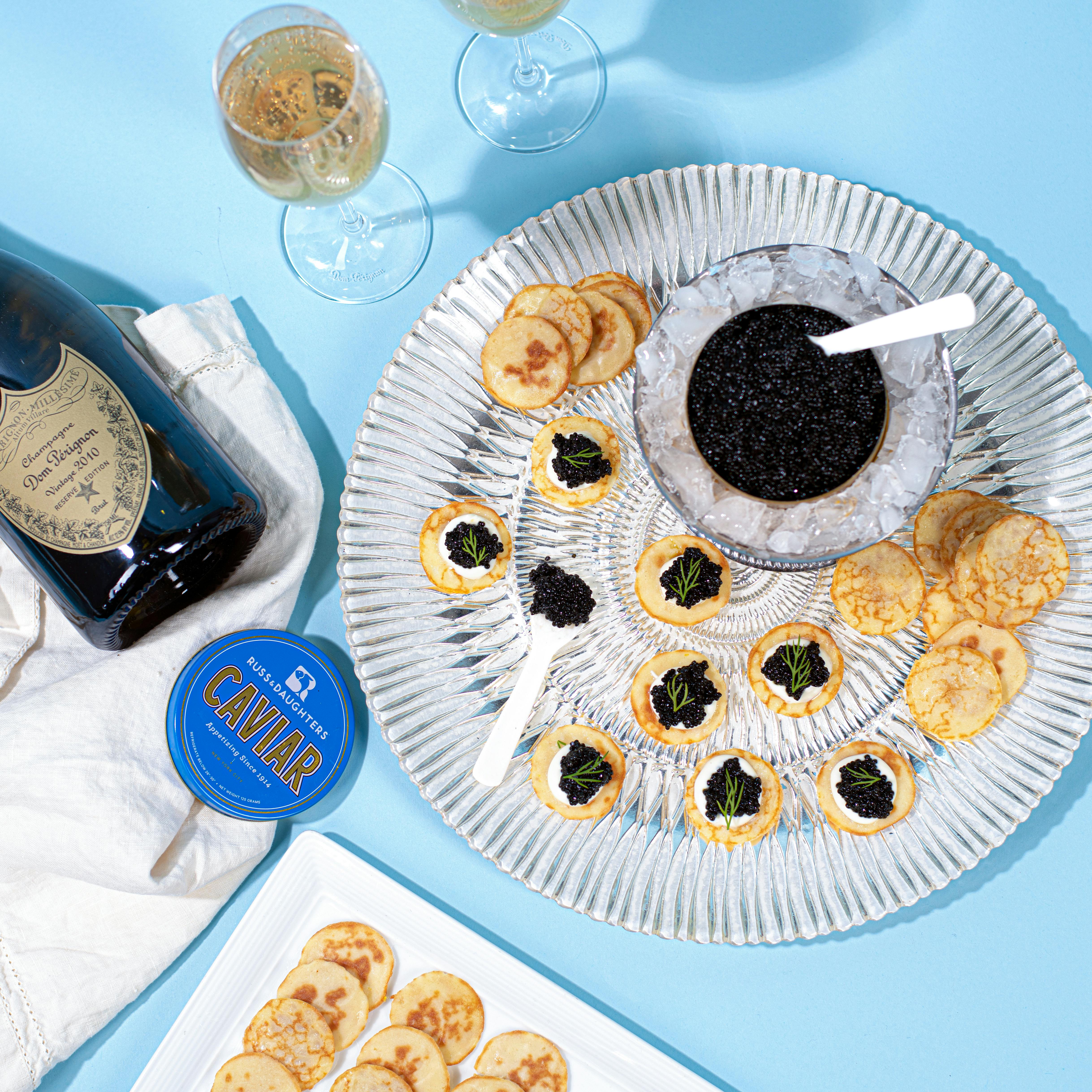 Champagne and caviar gift basket and set