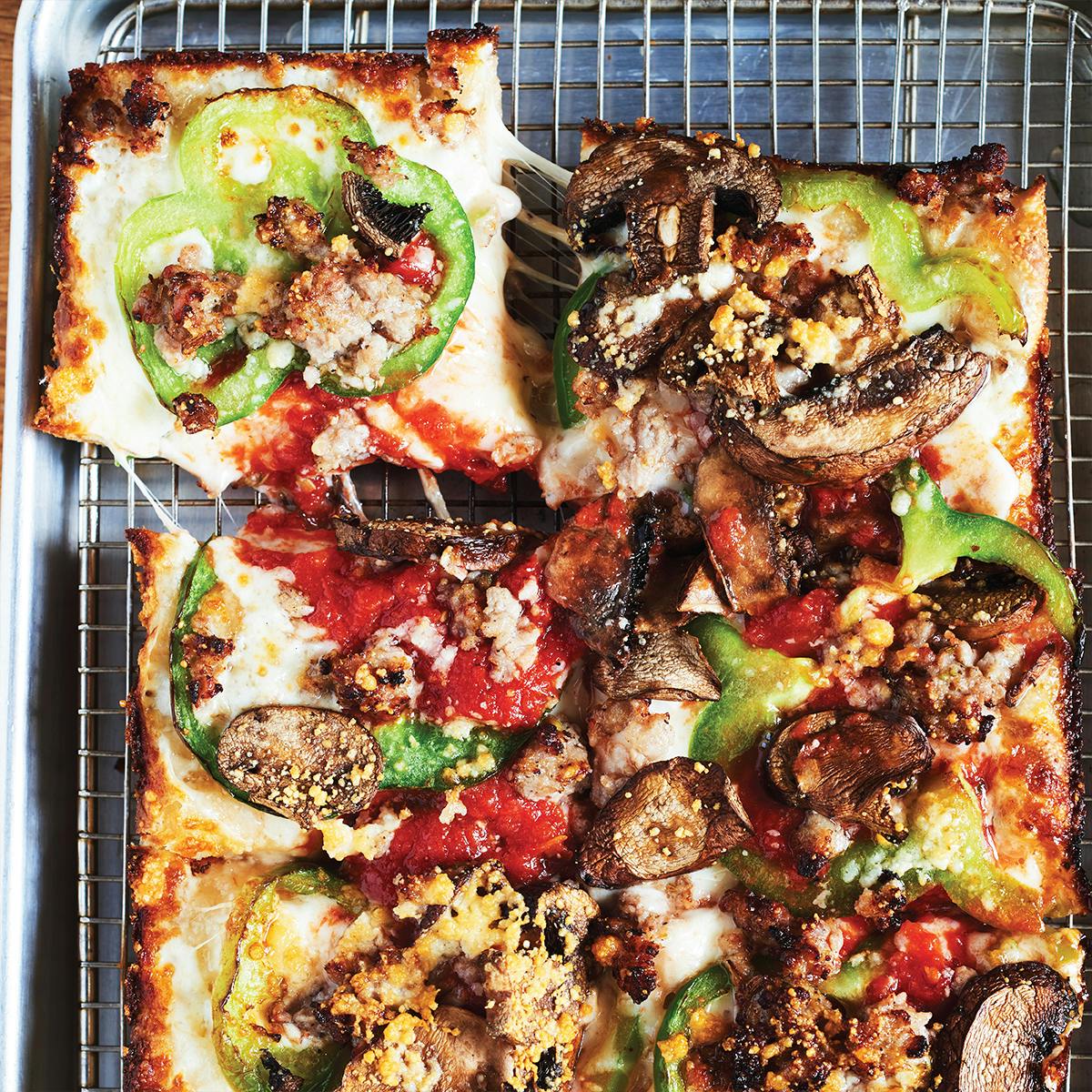 Detroit-Style Pizza Recipe with Sausage and Mushrooms