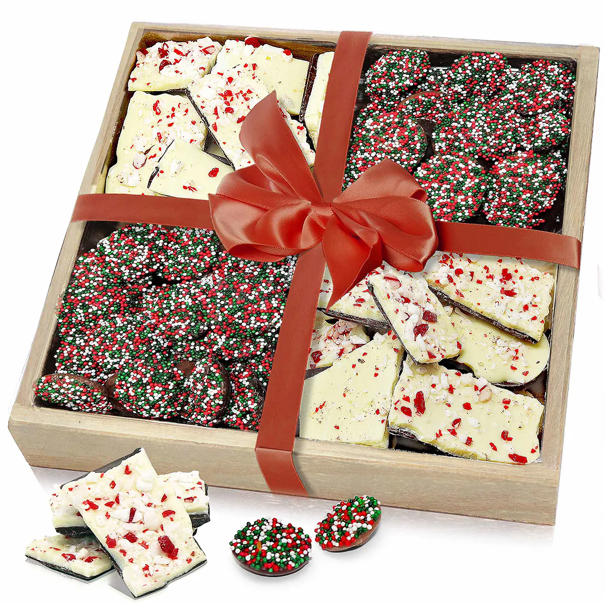 Holiday Belgian Chocolate Peppermint Bark + Nonpareil Gift Tray by The Chocolate Covered Co.