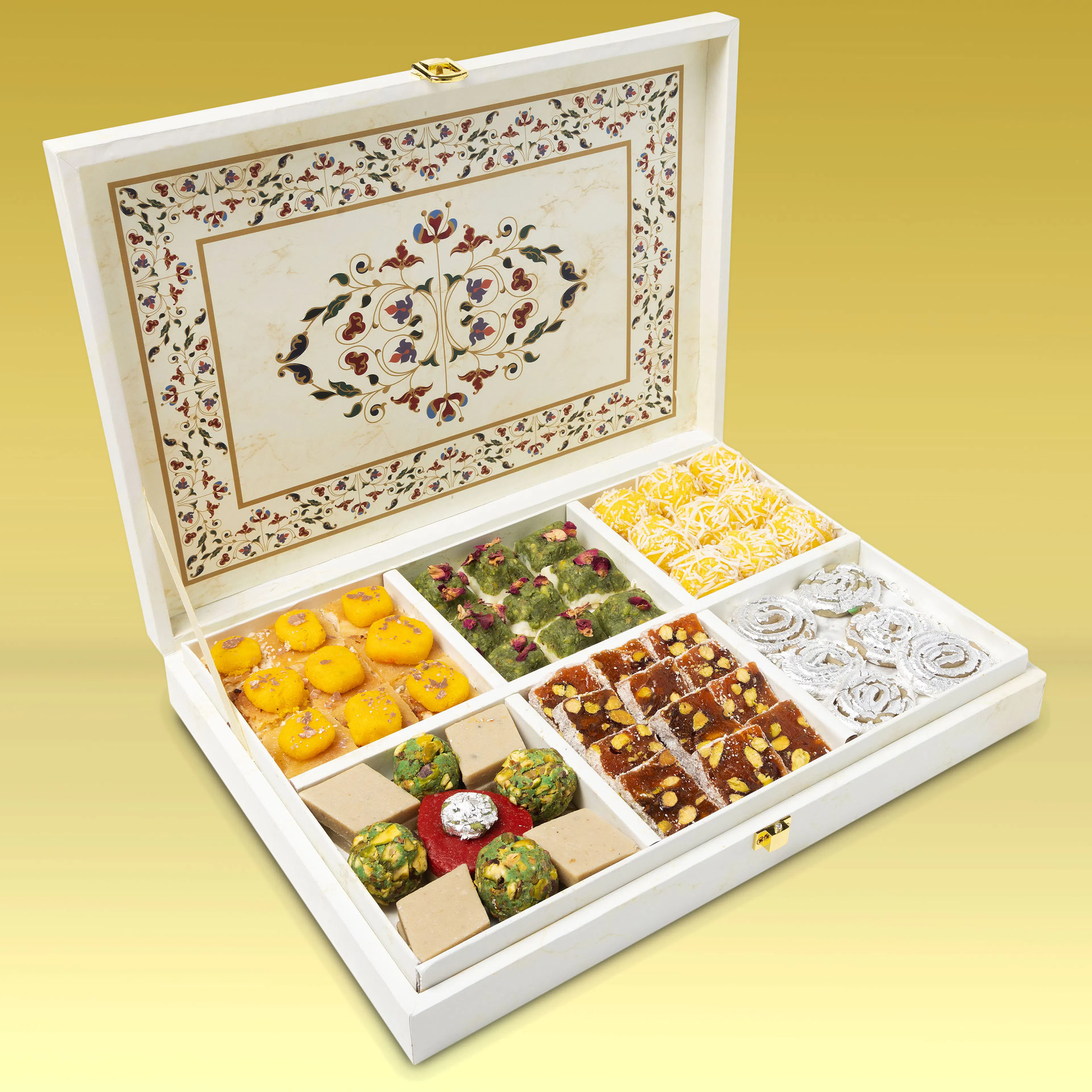 Packaged Sweets Box Taj Sweets White Collectible Gift Box by Sukhadia's | Goldbelly