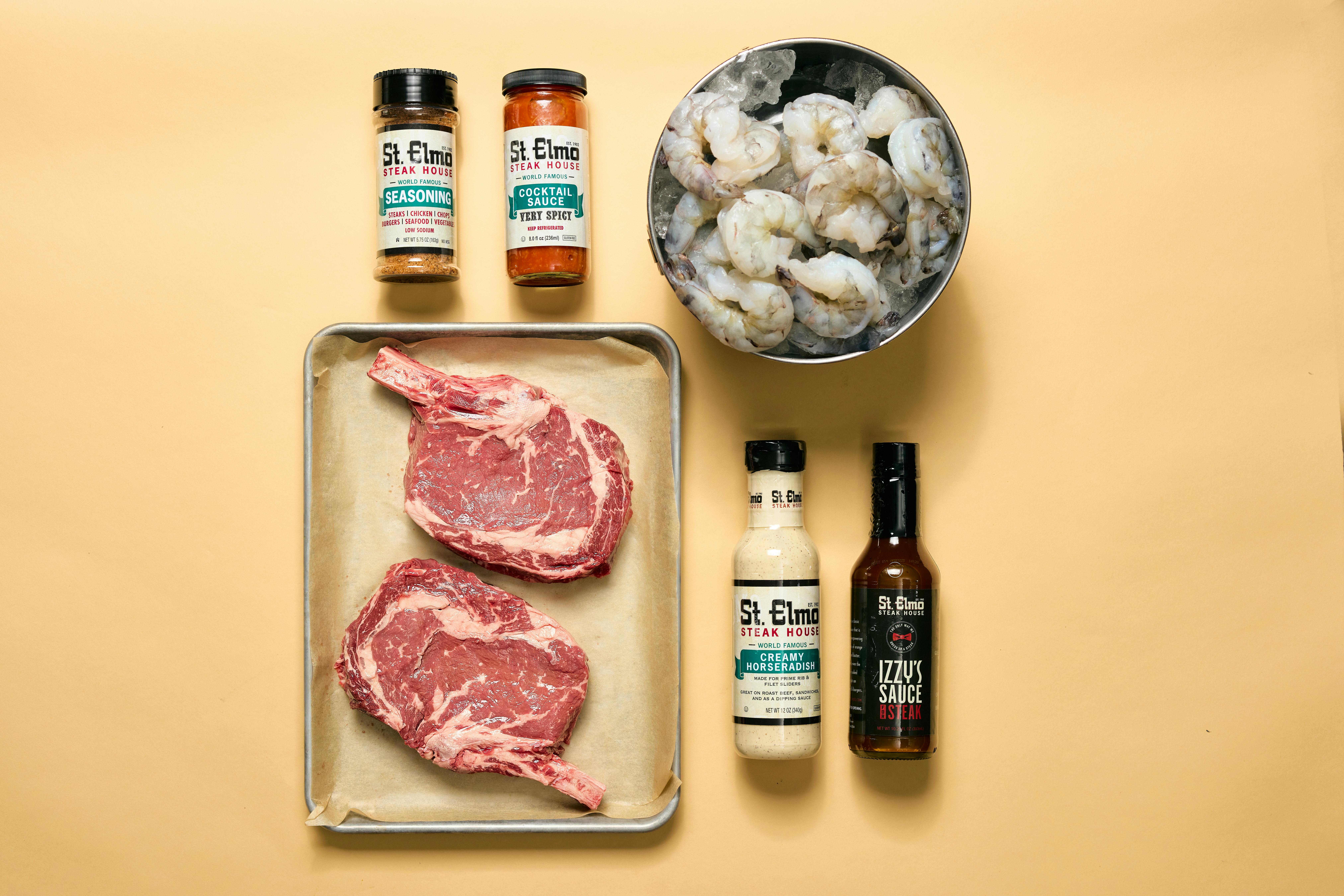 Bone-in Cowboy Ribeye & Shrimp Cocktail Dinner for 2 by St. Elmo Steak House