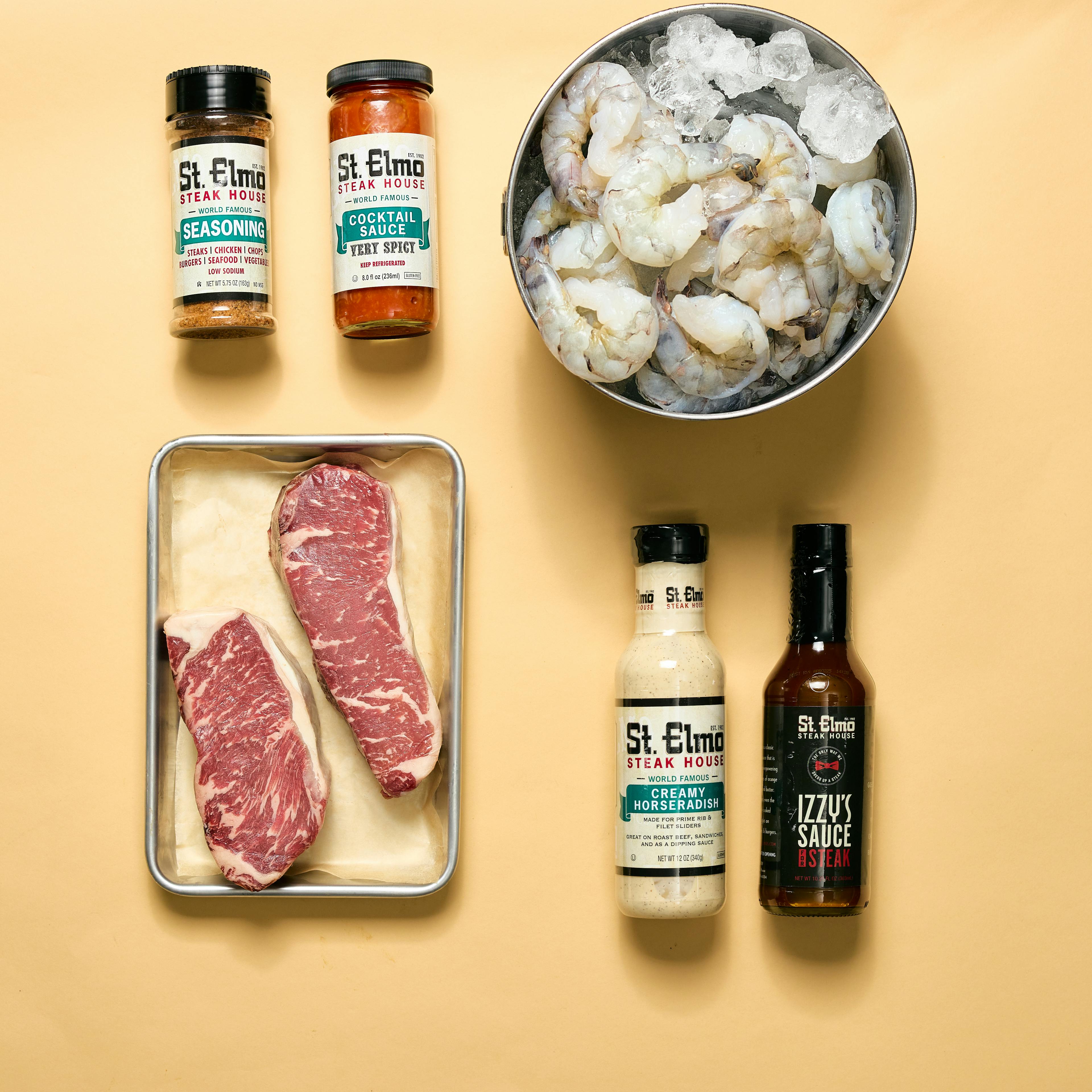 USDA Prime NY Strip & Shrimp Cocktail Dinner for 2 by St. Elmo Steak House