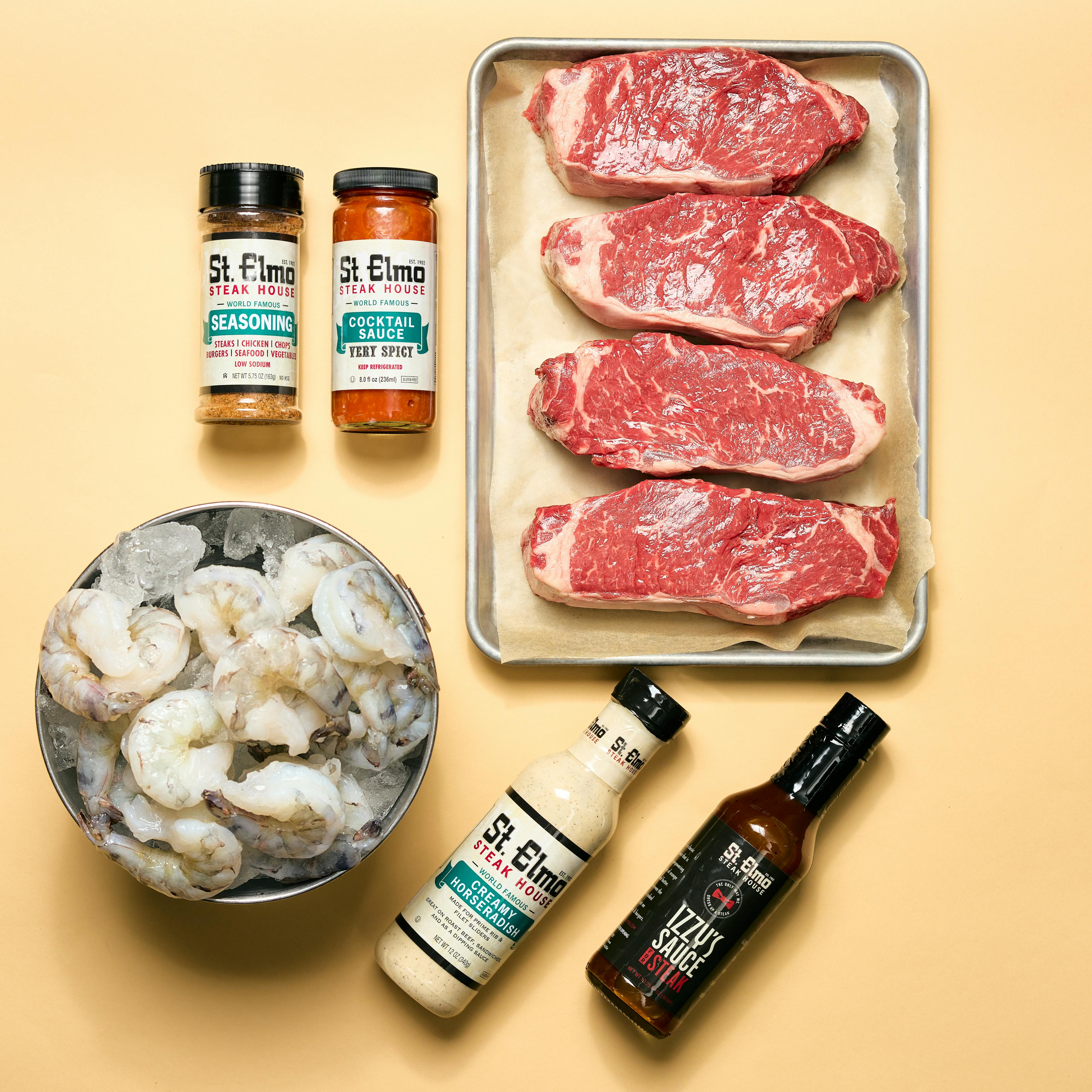 USDA Prime NY Strip & Shrimp Cocktail Dinner for 4 by St. Elmo Steak House