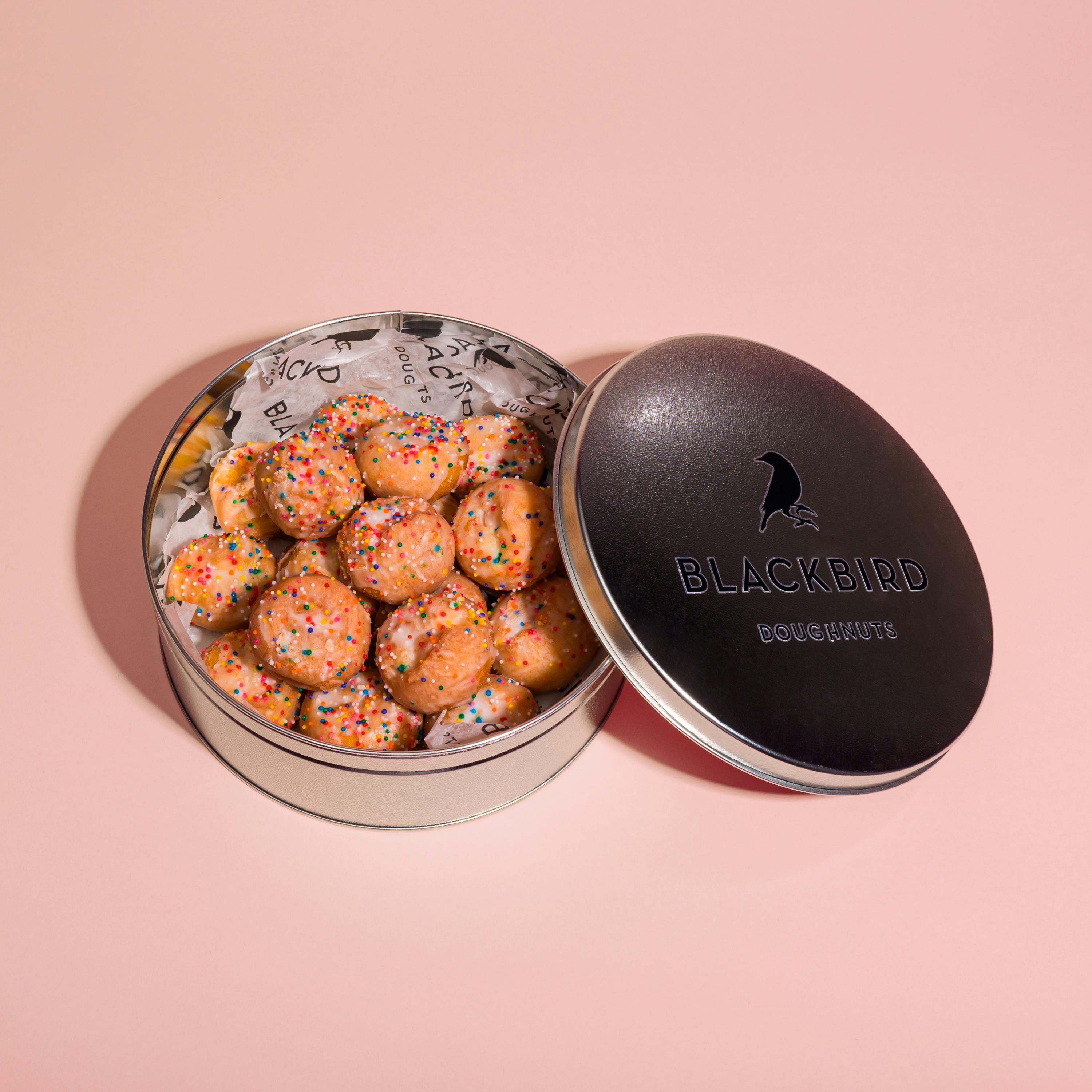 Mini Vanilla Sprinkle Cake Doughnuts Gift Tin by Blackbird Doughnuts