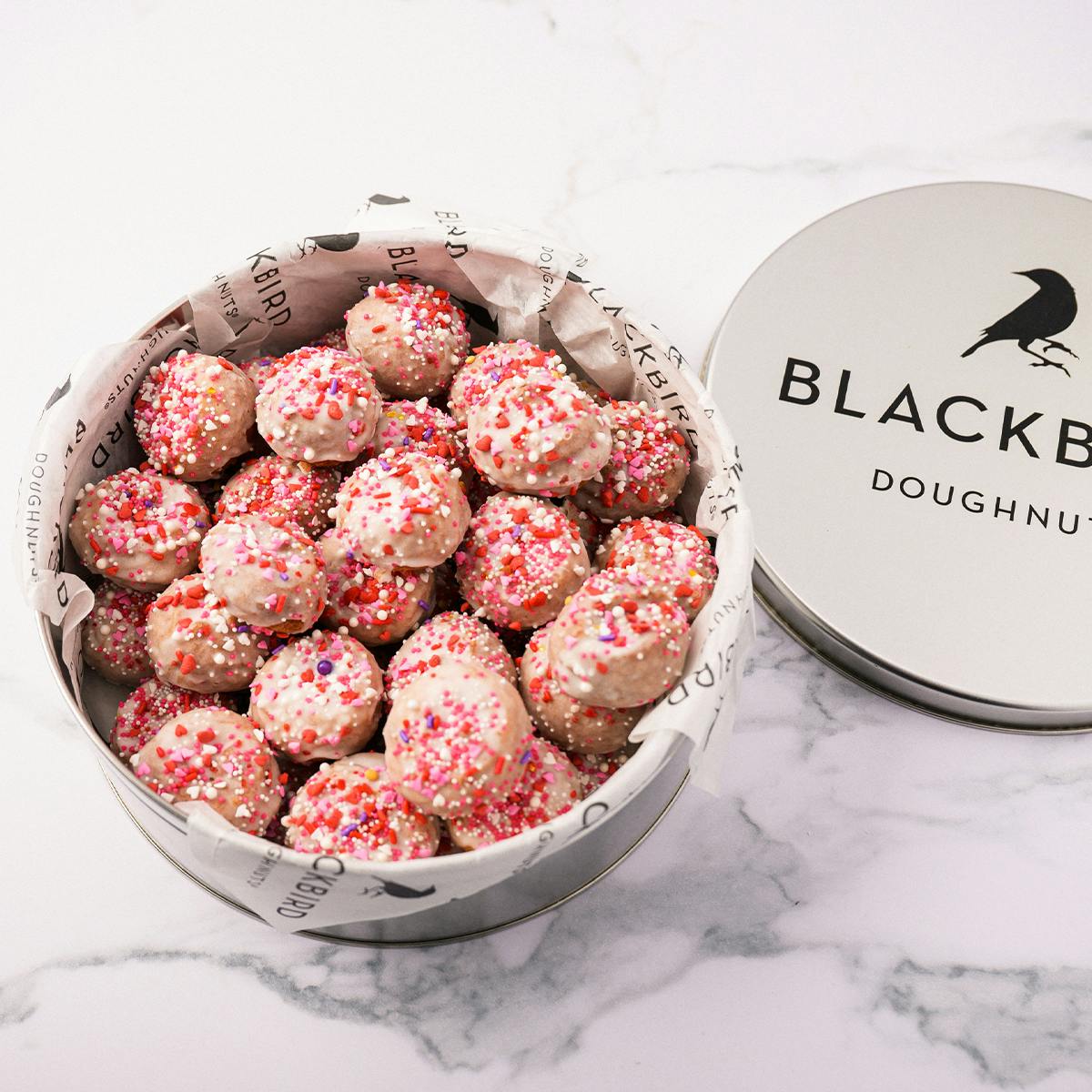 Valentine's Day Vanilla + Red Velvet Mini Doughnuts Combo Tin by Blackbird Doughnuts