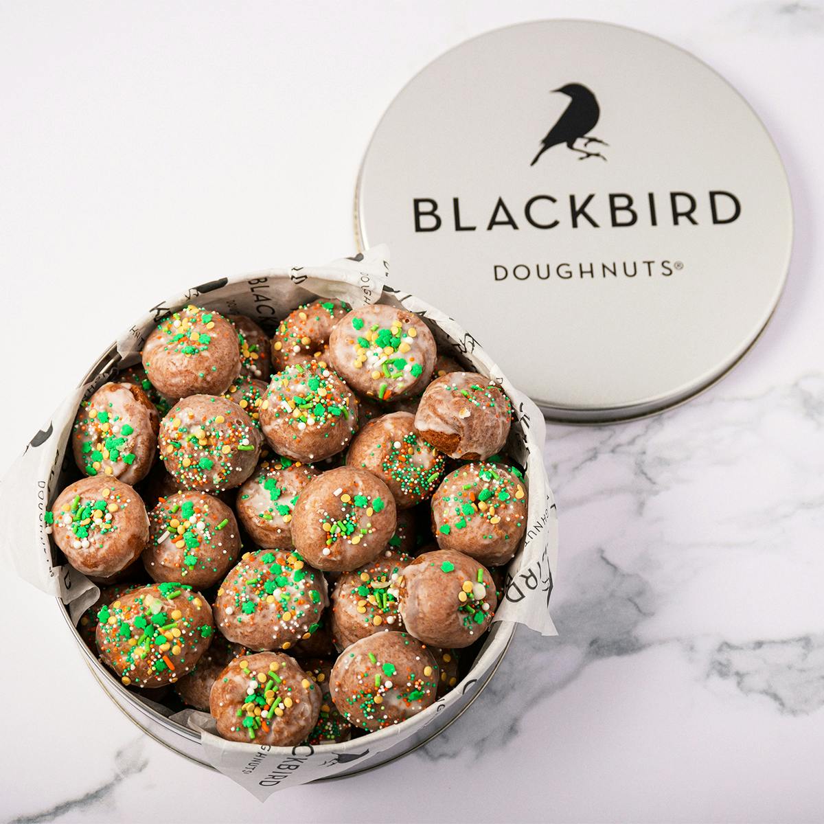 St. Patrick's Day Mini Sprinkle Cake Doughnuts Gift Tin by Blackbird Doughnuts