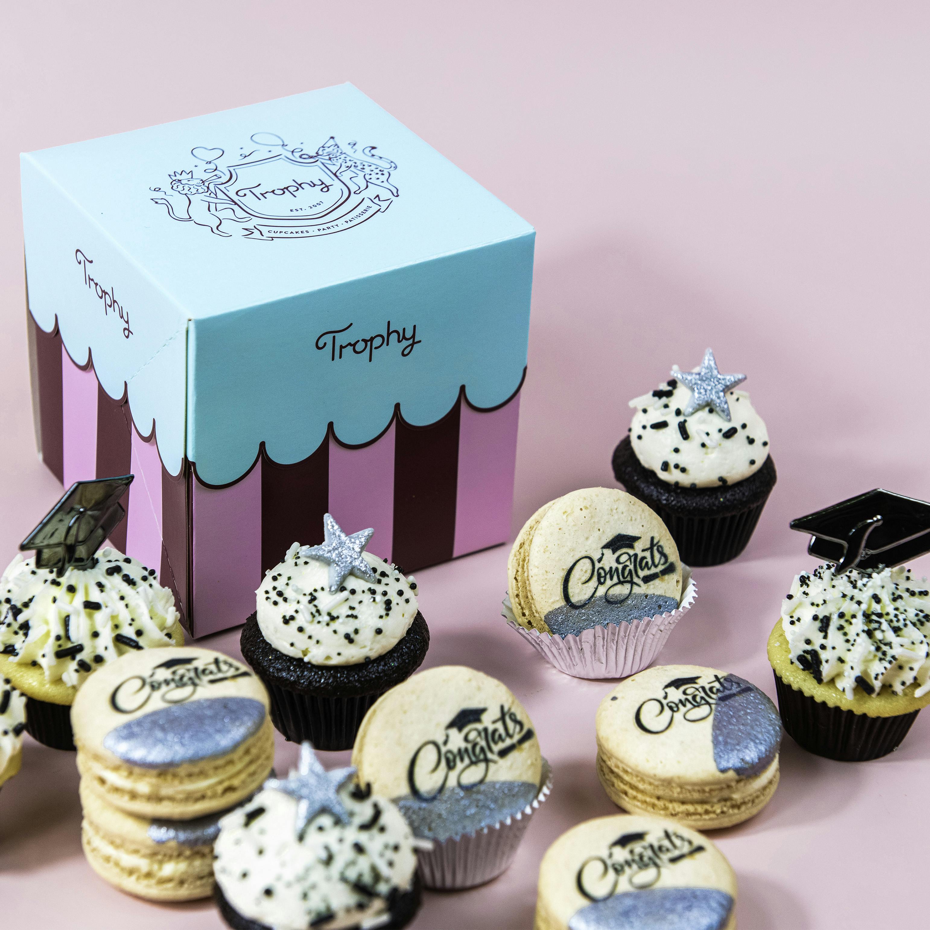 Graduation Mini Cupcakes + Macarons by Trophy Cupcakes