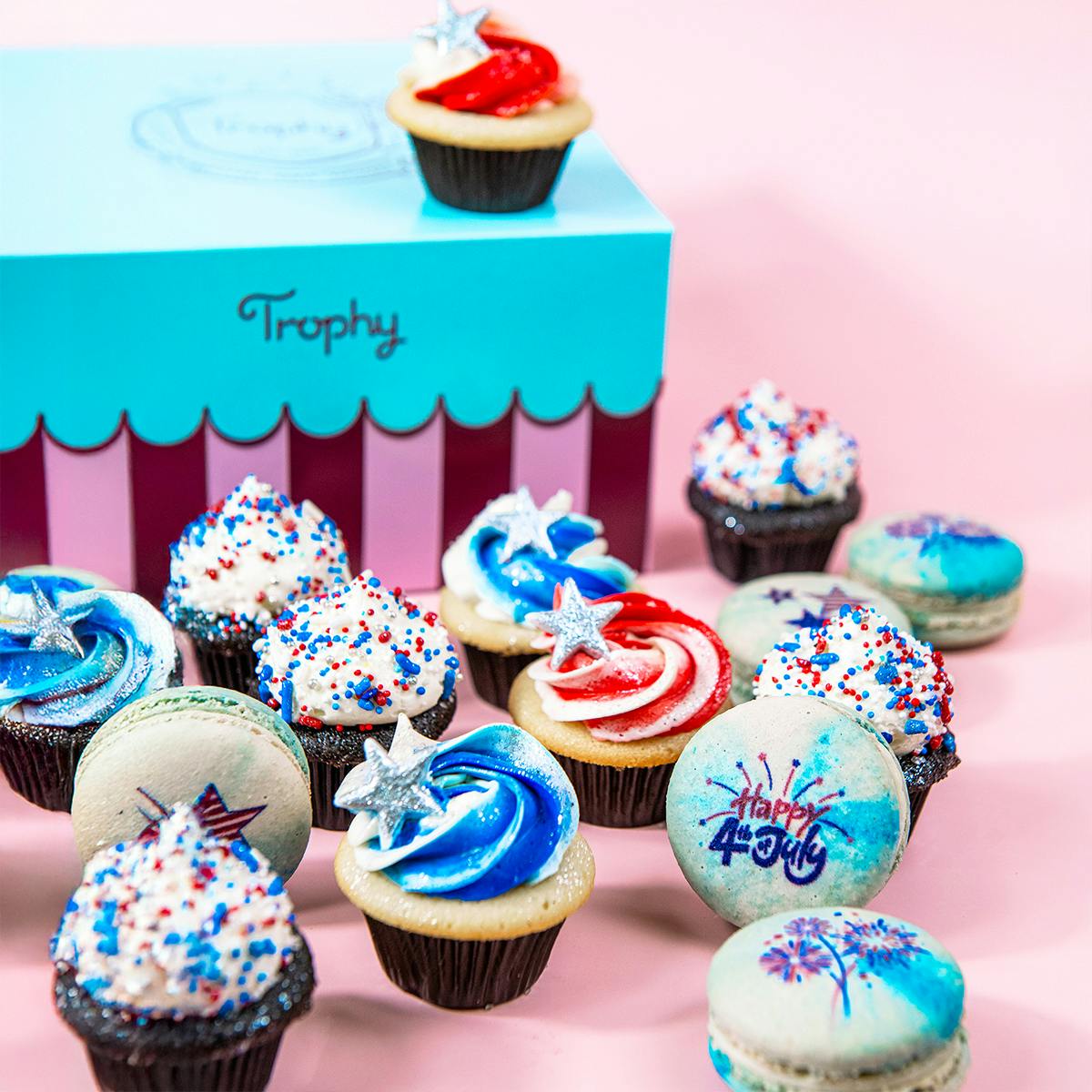 July 4th Mini Cupcakes + Macarons by Trophy Cupcakes