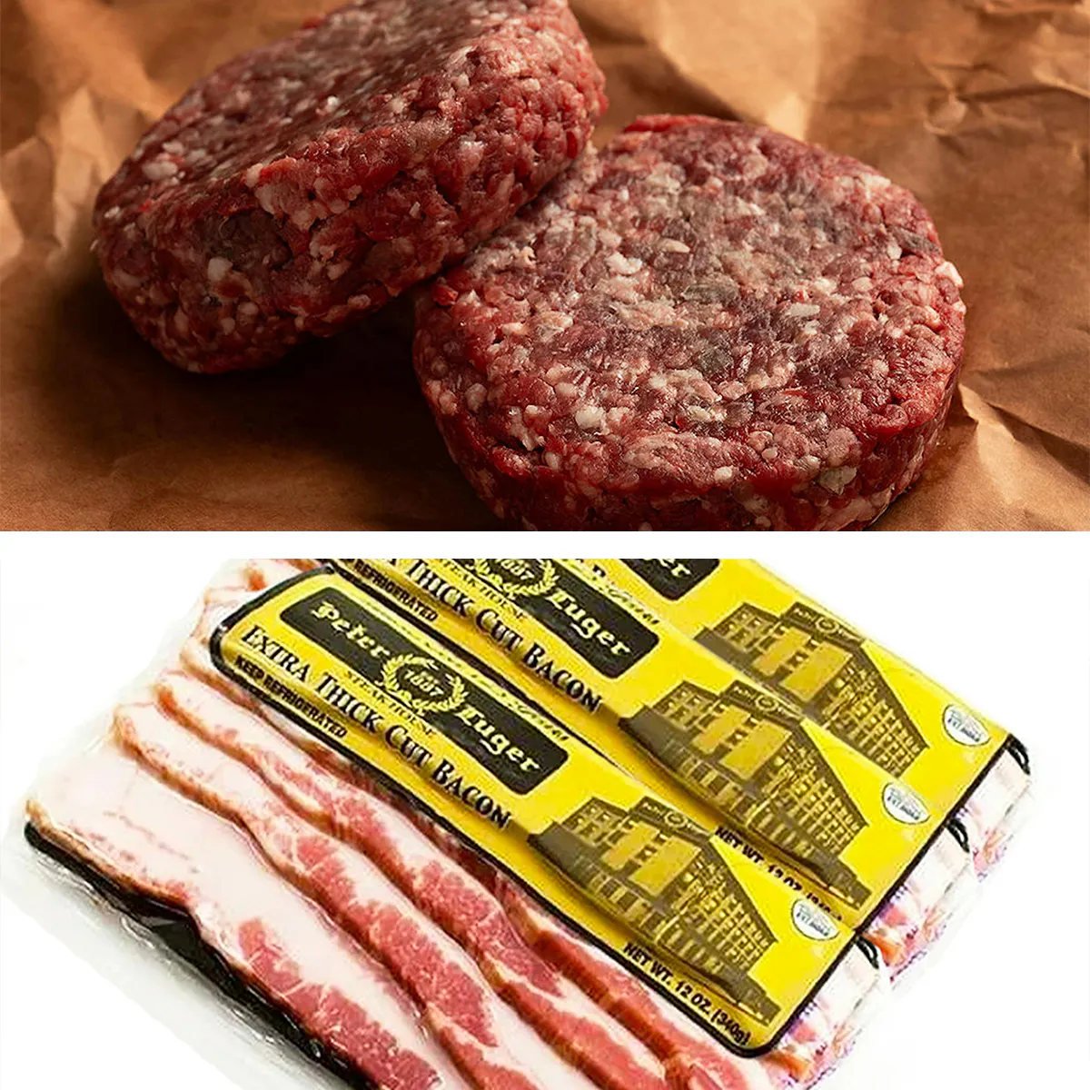 Peter Lugers USDA Prime Burgers 6 Pack + Thick Cut Bacon by Peter Luger Steak House