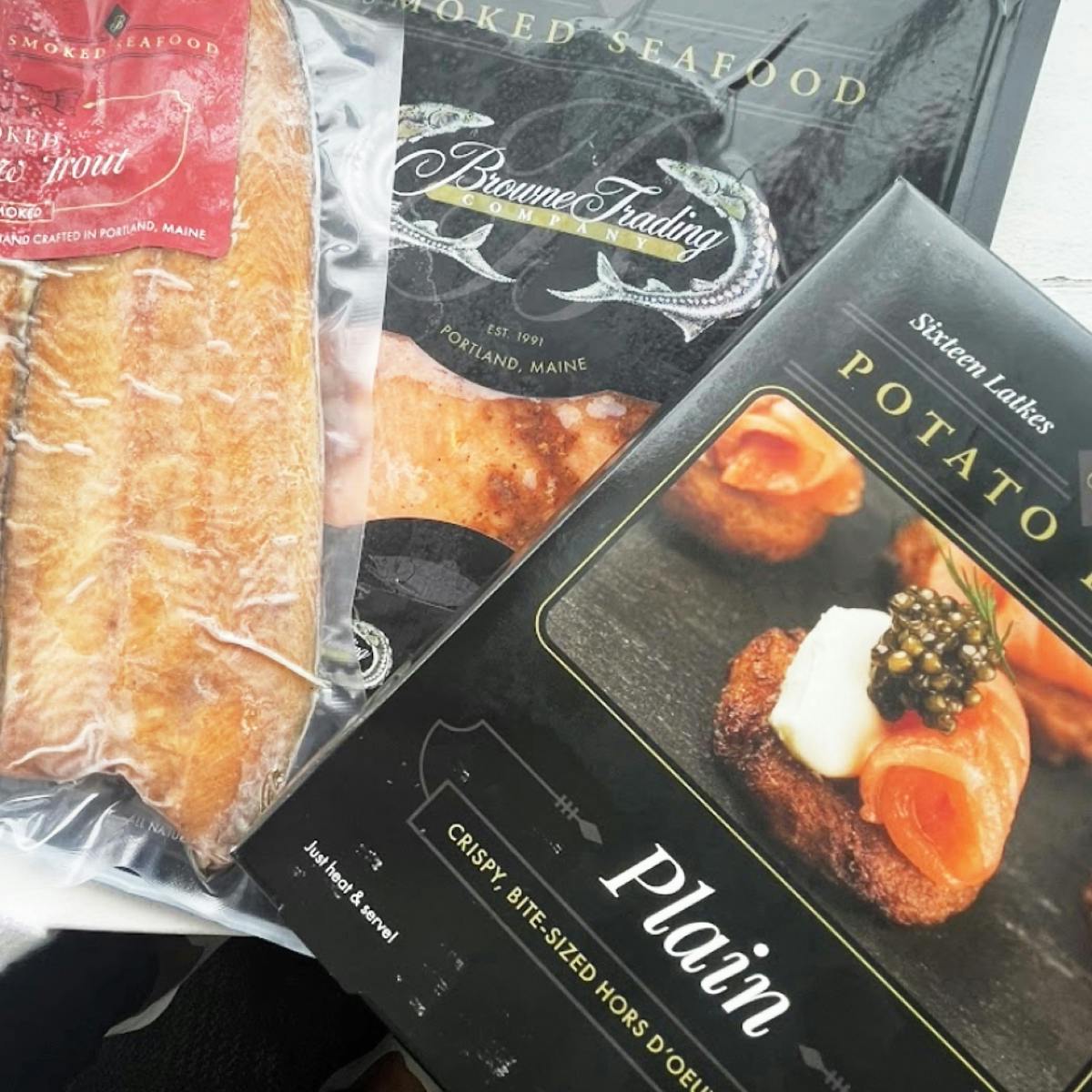 "The Savory Trio" Latkes + Smoked Trout + Smoked Pastrami by Browne Trading Company