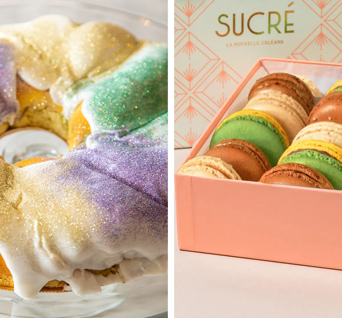 Mardi Gras Macarons + King Cake Combo by Sucré