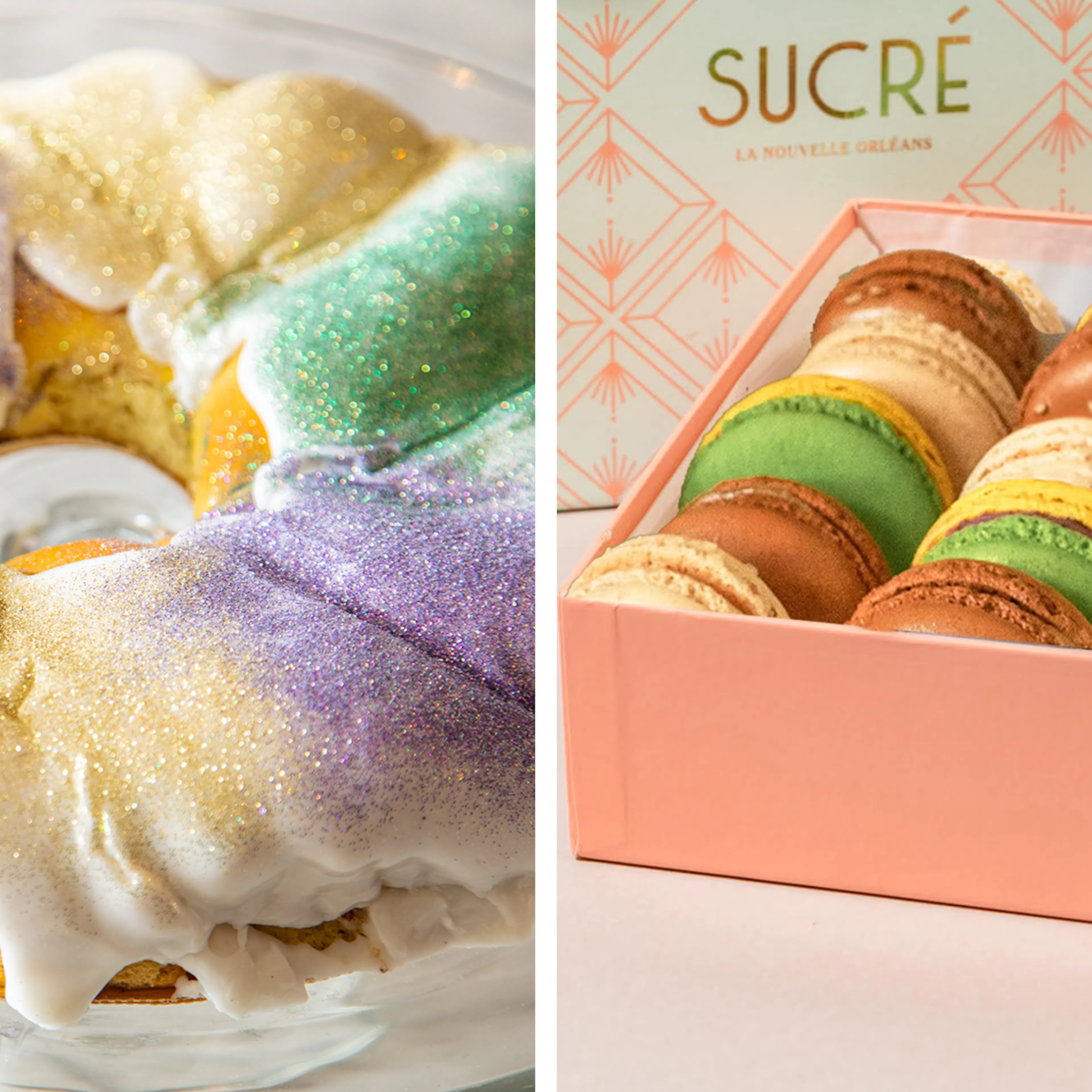 Mardi Gras Macarons + King Cake Combo by Sucré