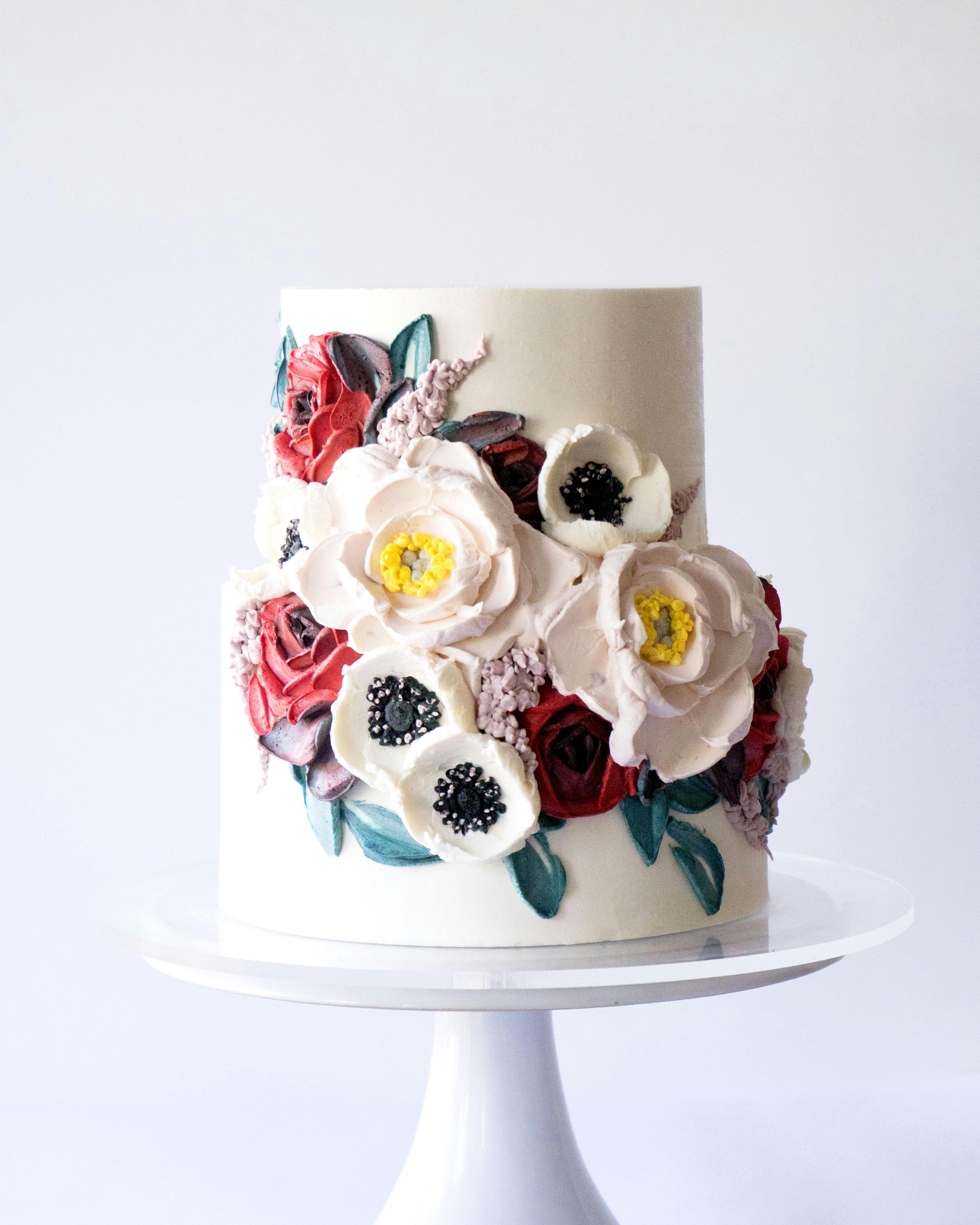 Red Roses & Anemones Floral Decorated 2-Tier Cake by Miri Nadler Cakes