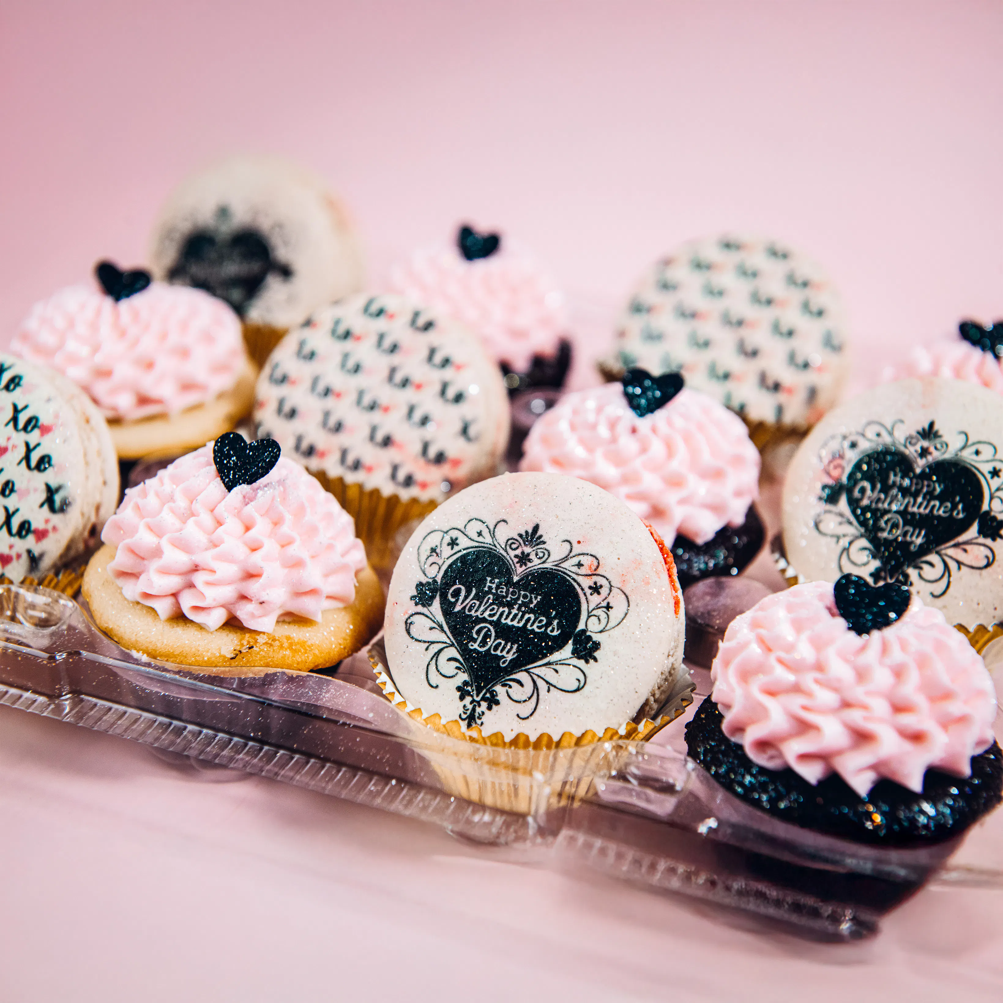 Valentine's "Blush & Black" Mini Cupcakes + Macarons by Trophy Cupcakes