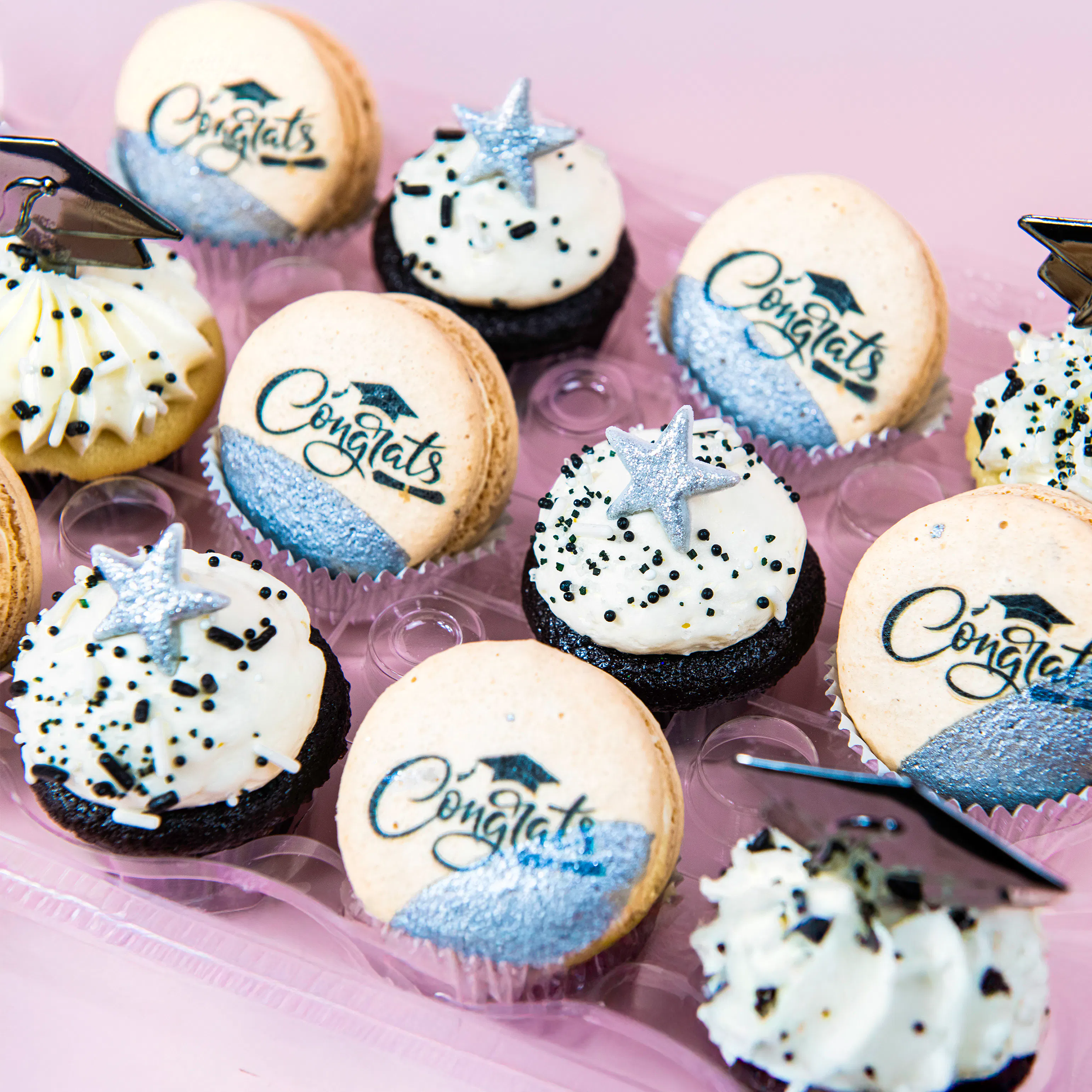 Graduation Mini Cupcakes + Macarons by Trophy Cupcakes