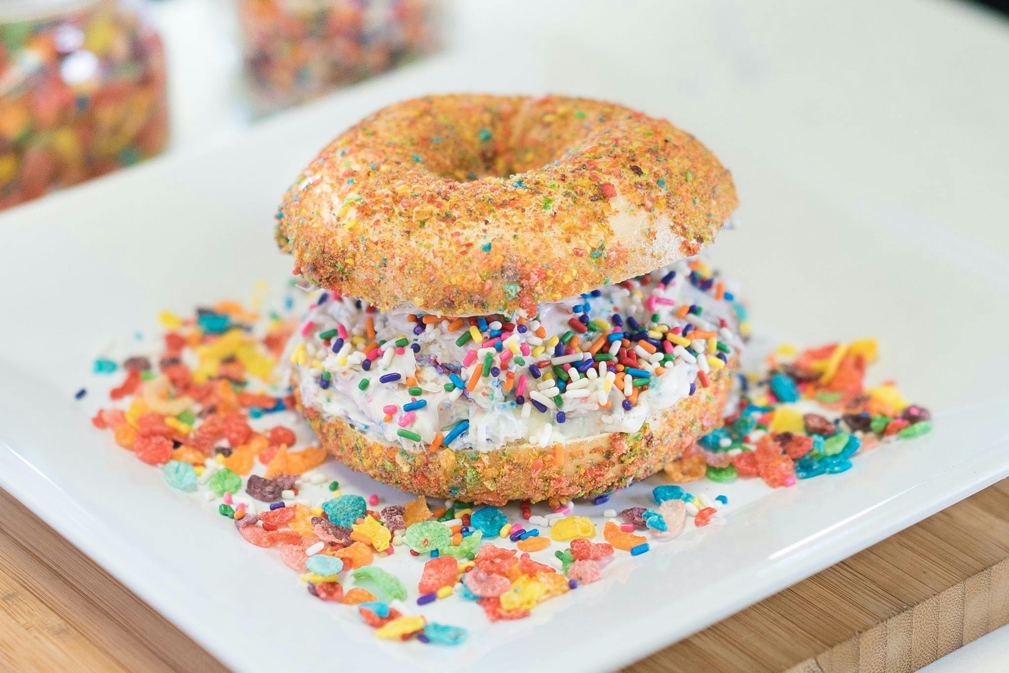 Overloaded Fruity Pebbles Bagel + Cream Cheese by The Bagel Nook